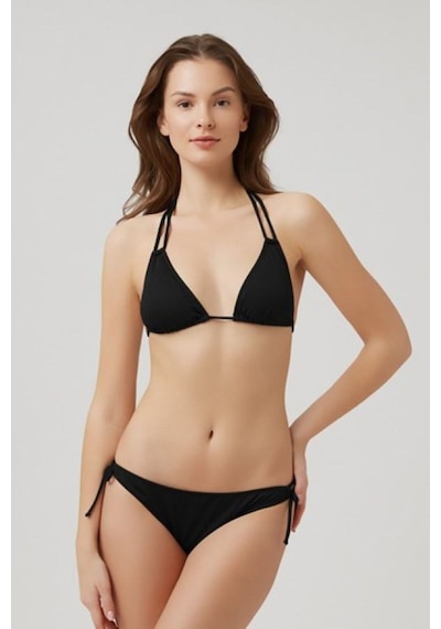 Kom Boyundan Bağlamalı Çıkarılabilir İnce Kaplı Fabyos İpli Dokulu Üçgen Bikini Siyah