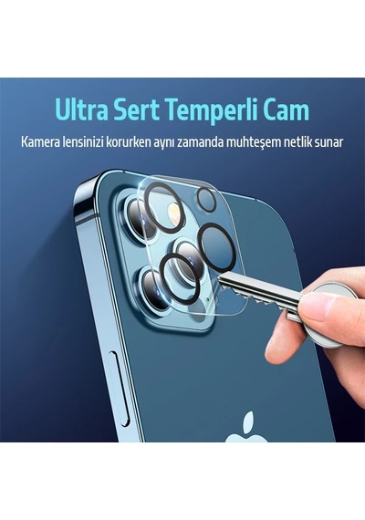 Ally Apple     Uyumlu iPhone 12 Pro 6.1 3d Full Tempered Glass Cam Kamera Koruyucu- 5775