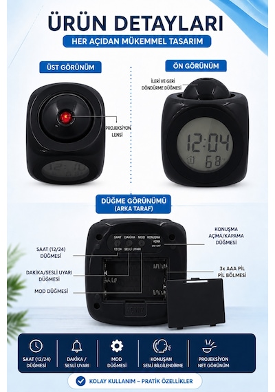 Duvara Yansıtan Projeksiyonlu Dijital Çalar Saat Konuşan Termometreli Led Alarm Masa Saati Pilli & Kablolu Kullanım Siyah Duvara Yansıtan Projeksiyonlu Dijital Çalar Saat Konuşan Termometreli Led Alarm Masa Saati Pilli & Kablolu Kullanım Siyah