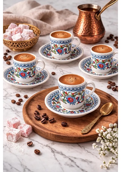 Topkapı 6 Lı Porselen Türk Kahve Fincan Takımı 12 Parça 5x5 Cm Hediyelik Set Mavi