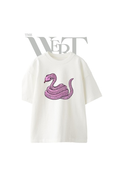 Thewert Pink Snake Tasarım Baskılı Ünisex Beyaz Oversize T-shirt