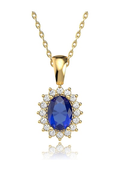 İndigo Takı Oval Safir Taşlı Anturaj Altın Kaplama Gümüş Kolye