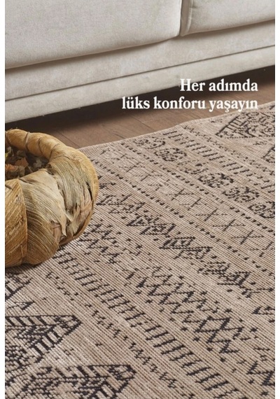 Bohem Tarz Dekoratif Pamuk Taban Şönil Kilim Bej Renk Halı Gri