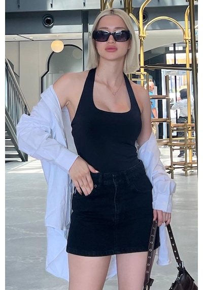 Madmext Siyah Halter Yaka Boyun Askılı Crop Body Mg2146-siyah Siyah