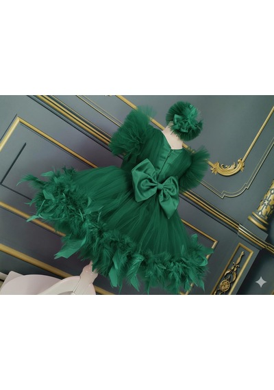 Star Kids Fashion Kız Çocuk Zümrüt Yeşili Tüylü Elbise, Kız Çocuk Mezuniyet Elbisesi,toka Dahil Yeşil
