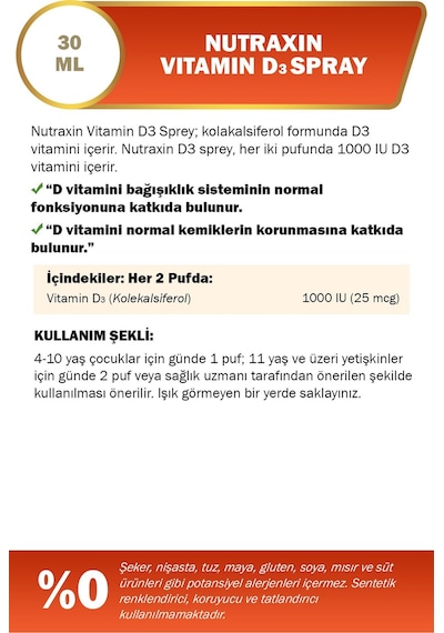 Nutraxin Vitamin D3 Sprey 1000 Iu 30 Ml 2 Adet