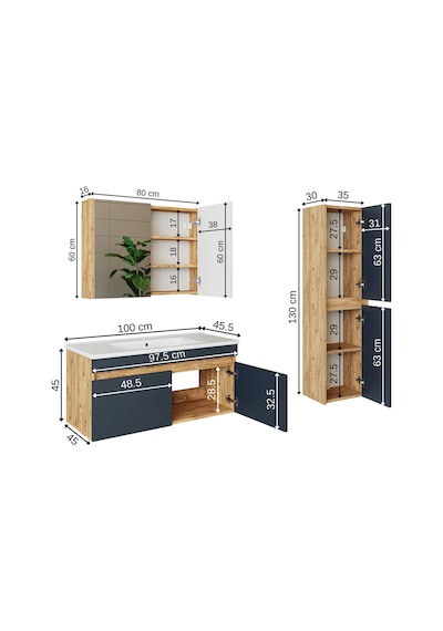 Roomart 'lavabolu' Atlantik - Antrasit Mdf 100 Cm Banyo Dolabı Atlantik Çam - Antrasit