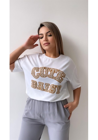 Kabartmalı Cute Daisy Tişört Ekru Kahverengi