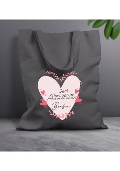 Bk Gift Kişiye Özel İsimli Anneler Günü Tasarımlı Antrasit Kumaş Bez Çanta, Baskılı Omuz Çantası, Alışveriş Çantası, Anneler Günü Hediyesi, Anneye Hediye-10 Sarı