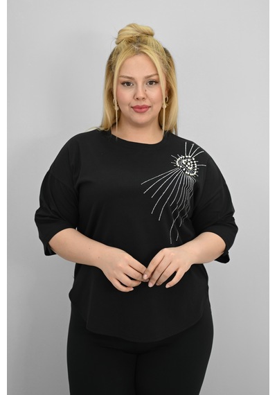 Koza Butik Kadın Büyük Beden Kısa Kollu Taş Ve İnci Baskı Detaylı Oversize T-shirt 1925-25 Saks