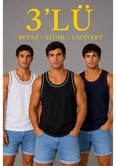 Efnaz Style Erkek 3 Lü Kolsuz Sporcu Atlet Seti Yazlık Bisiklet Yakalı - Siyah, Lacivert, Beyaz Çok Renkli