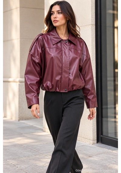 Polo State Kadın Oversize Suni Deri Fermuarlı Kısa Ceket - Bordo