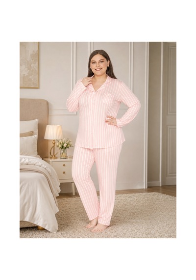 Alperi Büyük Beden Kadın Boydan Düğmeli Çizgili Mevsimlik Pijama Takım B790-45 Pembe