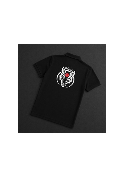 Dafri Börü Baskılı Polo Yaka %100 Pamuklu T-shirt Siyah