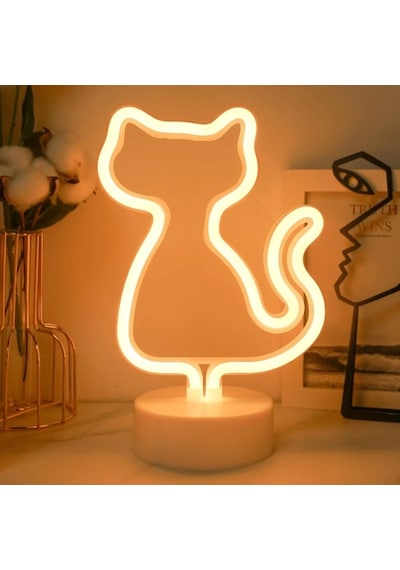 Neon Işıklı Kedi Tasarımlı Lamba Sıcak Beyaz