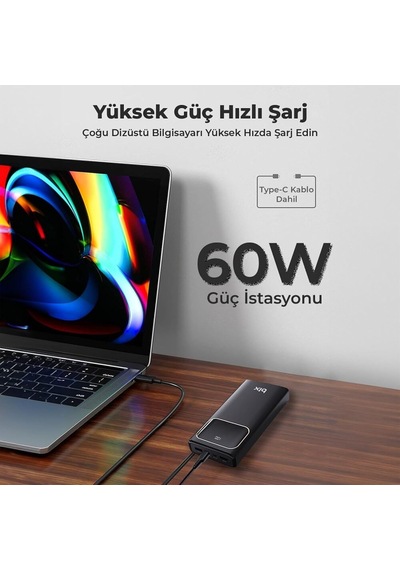 Pb303 30000mah 60w 2 Usb-a Ve Type-c Pd Çıkışlı Hızlı Şarj Destekli Led Göstergeli Powerbank Siyah