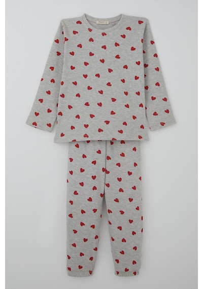 Breeze Kız Çocuk Pijama Takımı Kalp Desenli 4-8 Yaş, Açık Gri Melanj Açık Gri Melanj