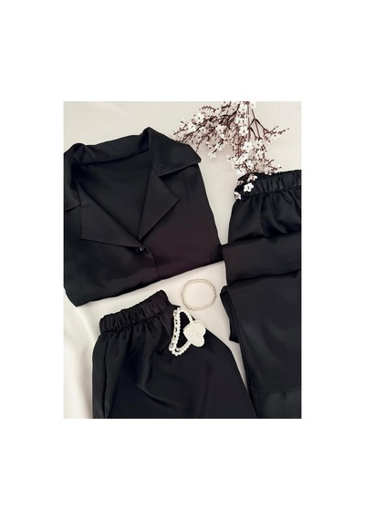 Mh Moony Homewears 3'lü Siyah Yumuşacık Saten Pijama Takımı Siyah