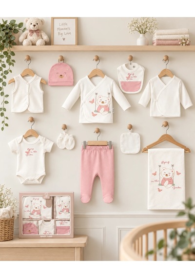 Eray Alp Kids Kız Bebek Sevimli Ayıcık Desenli 10'lu Hastane Çıkışı Ve Zıbın Seti Pembe