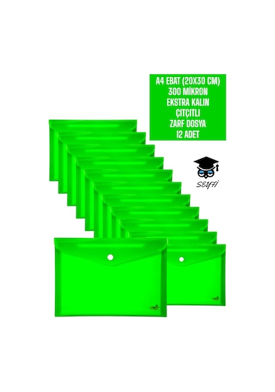 A4 Ebat 20x30 Cm 300 Mikron Ekstra Kalın Plastik Çıtçıtlı Zarf Dosya 12 Adet Yeşil