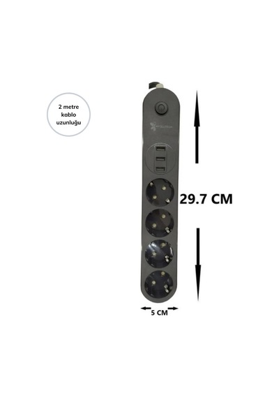 4lü Siyah Anahtarlı 3 Usb Li Akım Korumalı Topraklı Çocuk Korumalı Grup Priz 2 Metre -