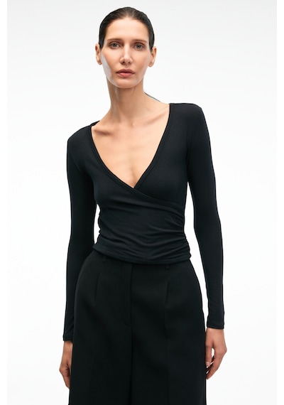 Grımelange CALLORIA Kadın V Yakalı Uzun Kollu Slim Fit Siyah Bluz