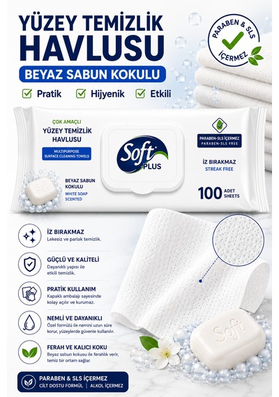 Soft Plus Yüzey Temizlik Havlusu Beyaz Sabun Ve Limon Kokulu 400 Yaprak 4'lü Set
