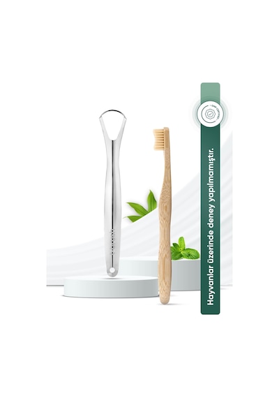 Tbrush Kremrengi Doğal Bambu Vegan Diş Fırçası - Medium (orta Sert) + Paslanmaz Çelik Dil Temizleyici