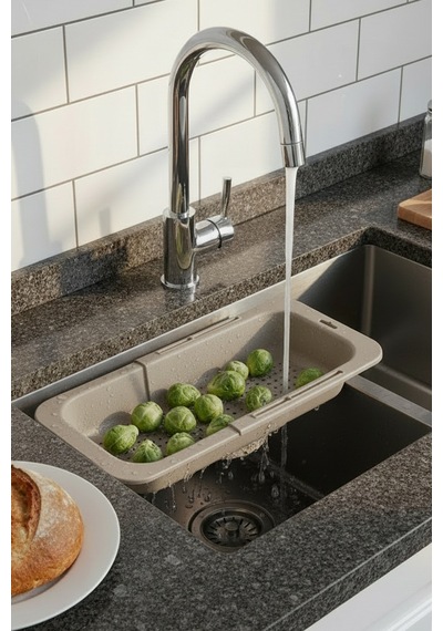 Sieve Bej - Pratik Ayarlanabilir Sürgülü Lavabo Süzgeci - Meyve Sebze Yıkama Aparatı Bej