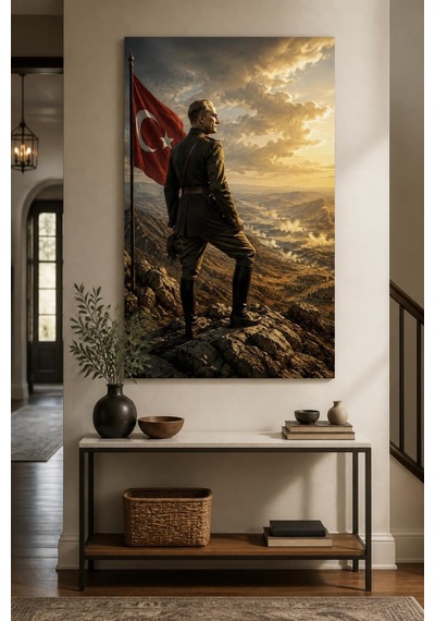 Atatürk Temalı Baskılı Cam Tablo Türk Bayrağı Manzara Dekorasyonu