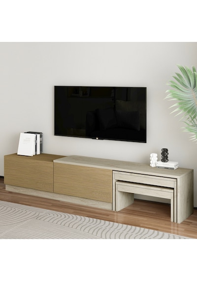 Nest Tv Sehpası Modern Tasarım,2 Kapaklı Depolama Ve İkili Zigon Sehpa İle Fonksiyonel Mobilya Meşe Nest Tv Sehpası Modern Tasarım,2 Kapaklı Depolama Ve İkili Zigon Sehpa İle Fonksiyonel Mobilya Meşe