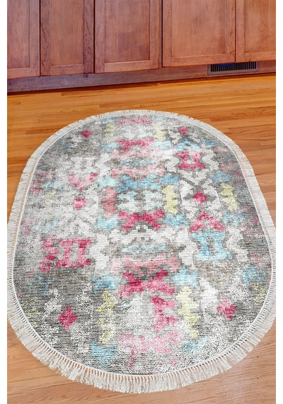 Dekoreko Kaymaz Taban Djt Mutfak Halısı Trend Saçaklı Oval Modern F5138 Renkli
