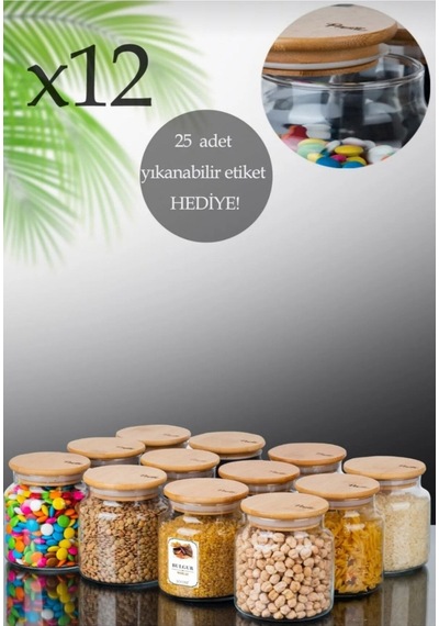 12'li Etiketli 500 Ml Bambu Vakumlu Kapaklı Cam Baharatlık Kavanoz Diğer