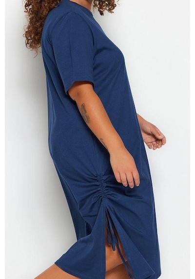 Ersefa Moda Stil Relaxed Bisiklet Yaka Midi Boy Büyük Beden Yandan Büzgü Lacivert