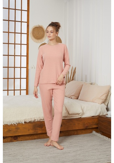 Siyah İnci Şardonlu Kışlık Örme Pijama Takım25226002 Pudra