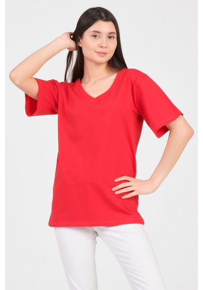 As Collection Kırmızı V Yaka Kısa Kol Boyfriend Kadın T-shirt Kırmızı