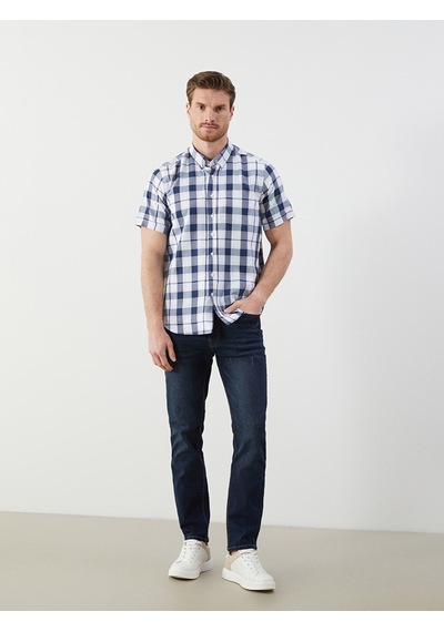Lcwaıkıkı Classic Lacivert Regular Fit Kısa Kollu Ekose Erkek Gömlek