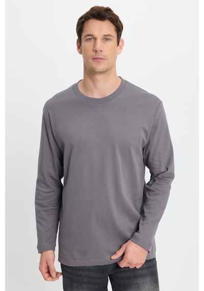 Tudors Unisex Relax Fit Rahat Kesim %100 Pamuk Uzun Kollu Bisiklet Yaka Koyu Gri Basic Tişört-41799 Koyu Gri
