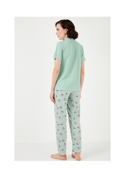 Lela Regular Fit Gömlek Yaka Kısa Kollu Bayan Pijama Takımı 65740102 Mint-Bej