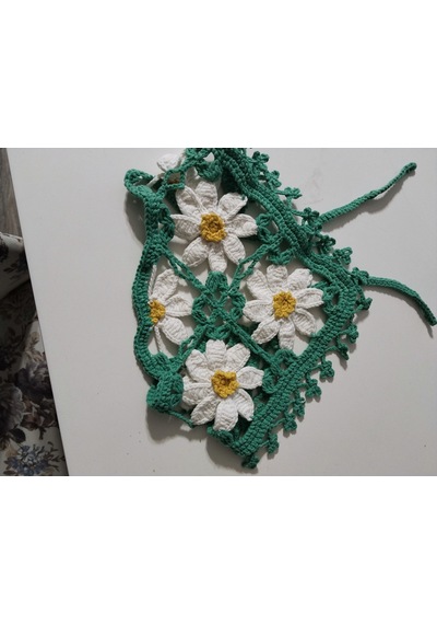 Yeşil Papatya Desen Bandana Beyaz - Yeşil
