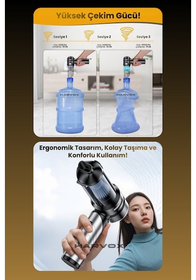 Bagajon Harvox 18.000 Pa Güçlü Profesyonel Araç Süpürgesi I6000 Mah Batarya Taşınabilir,üflemeli, Çantalı Gri-kahve