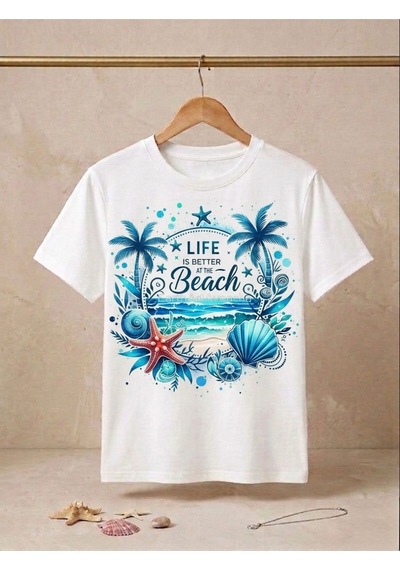 Lıfe Beach Baskılı Oversize Kompak T-shirt Beyaz