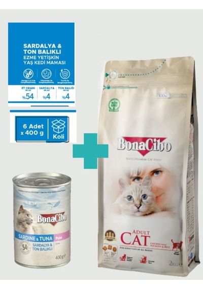 Bonacibo Tavuklu Kuru Mama 2 Kg & Deniz Ürünlü Ezme Yaş Mama Avantaj Paketi 6x400 Gr