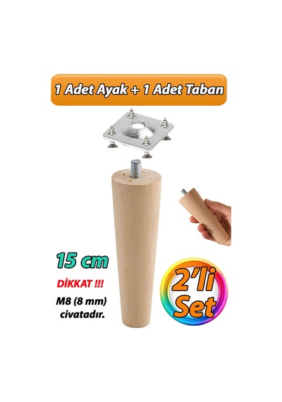 Ahşap Ayak 15 Cm 2'li Set M8 Civatalı Bağlantı Aparatlı Dolap Mobilya Koltuk Kanepe Destek Ayağı Aya Diğer