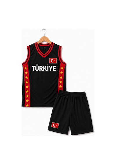 Sonvadi Çocuk Basketbol Forması Türkiye Armalı Siyah-kırmızı 3 Parça Çorap Siyah