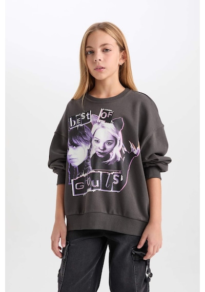 DeFacto Kız Çocuk Wednesday Oversize Geniş Kalıp Bisiklet Yaka Sweatshirt D6063A824WNAR227 Antrasit