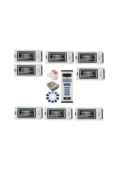 8 Daire Nts 2001-b 4,3'' Görüntülü Diafon Beyaz-8004 Tuş Takımlı Şifreli+geçişli Zil Panelli Set