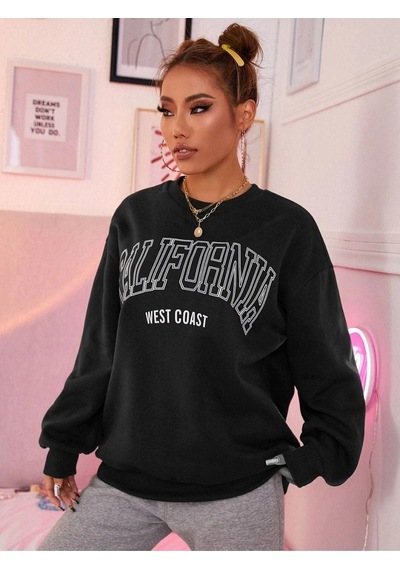 Altamira Unisex Siyah California West Baskılı Bisiklet Yaka Oversize Sweatshirt 001