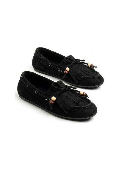 Giamgia Store Püsküllü Boncuk Detaylı Süet Makosen Loafer Ayakkabı-2364 Siyah