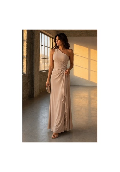 Lior Design Kadın Sade Tek Omuz Kemerli Maxi Abiye Elbise Bej